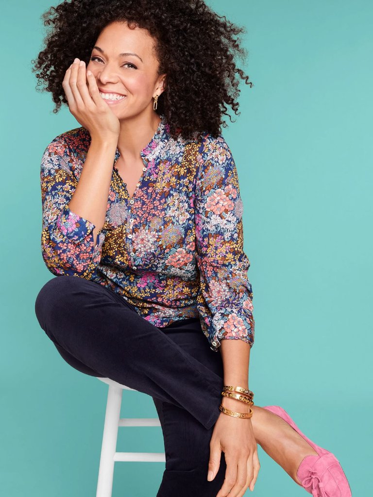 Talbots Floral Button-Up Blouse With Pink, Mustard, White, Navy, Size P